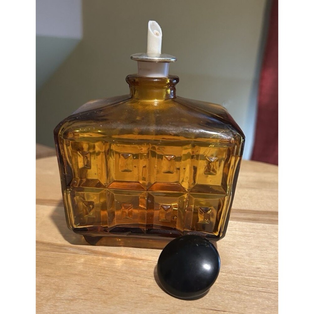 Vintage Amber Glass Mid Century Whiskey Decanter Diamond Pattern Boho - Picture 4 of 7